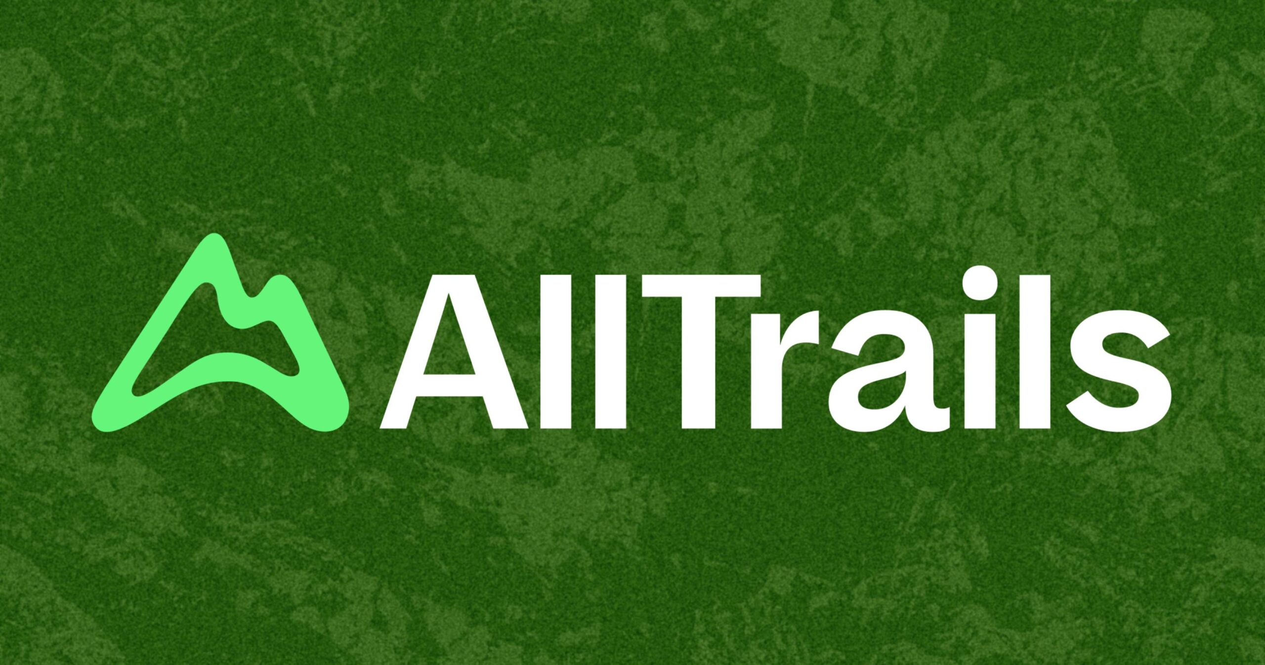 Logo of AllTrails, featuring a green mountain icon and bold white text on a textured green background, representing outdoor exploration.