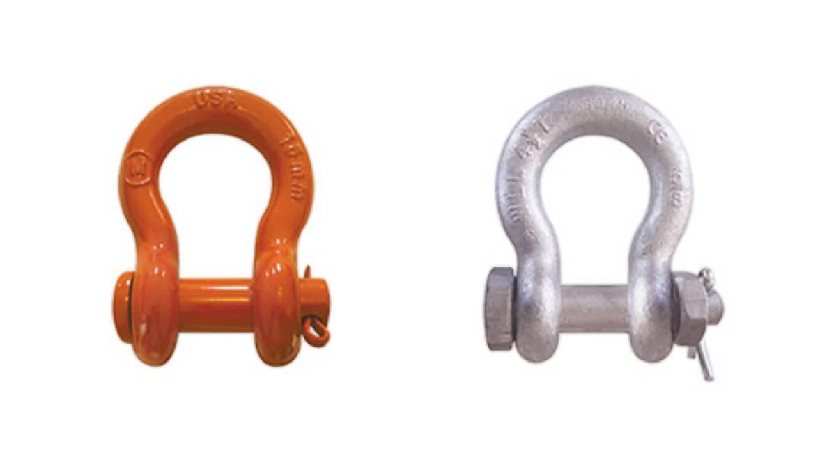 Two heavy-duty shackles; one orange with a pin, the other silver with a bolt. Both designed for secure lifting and towing.
