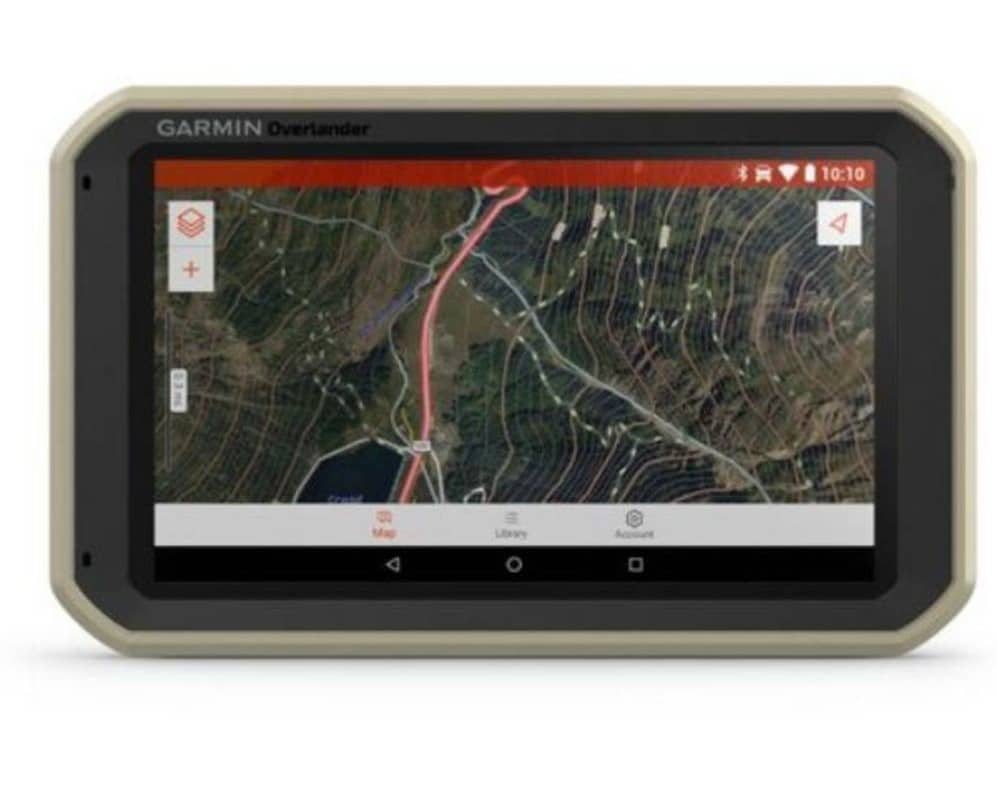 A Garmin Overlander GPS device displaying detailed topographic map features and navigation options on its touchscreen interface.