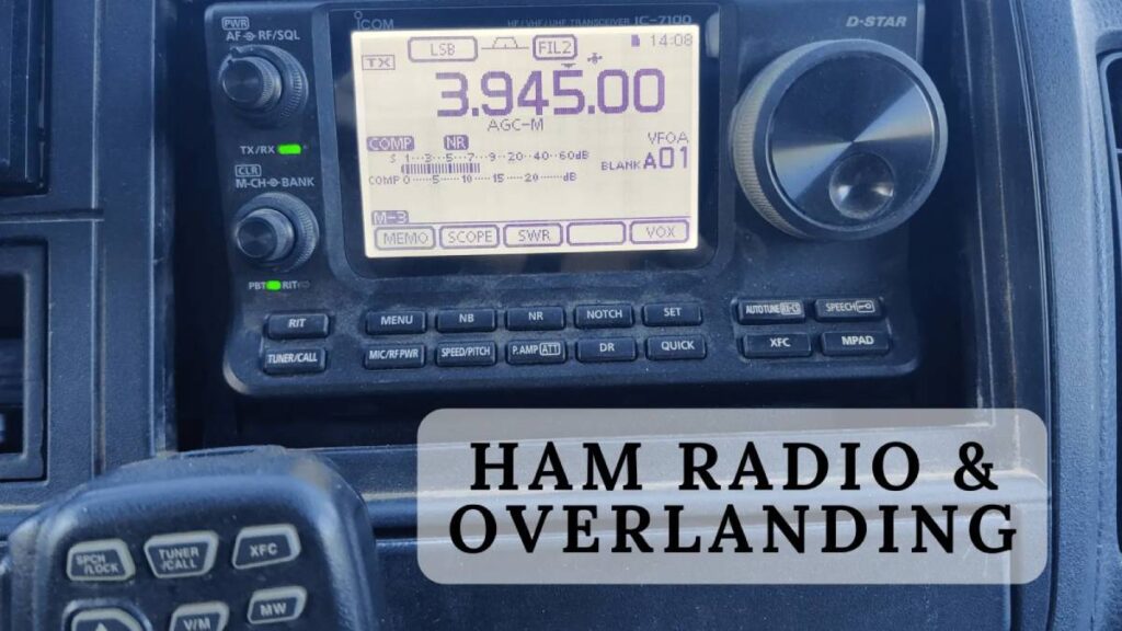 Close-up of a ham radio transceiver displaying frequency 3.945.00, with controls for communication in an overlanding vehicle.