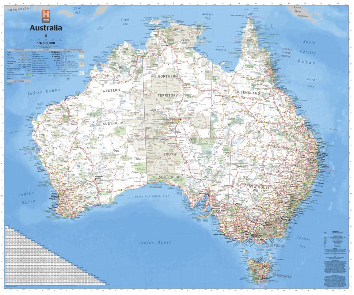 Detailed road map of Australia, showing states, major highways, and geographical features, with a scale of 1:16,500,000.
