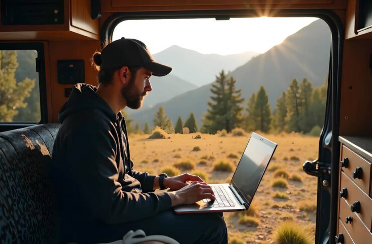 A person sits inside a van with a laptop, overlooking a stunning mountain landscape at sunrise, surrounded by trees and open fields.