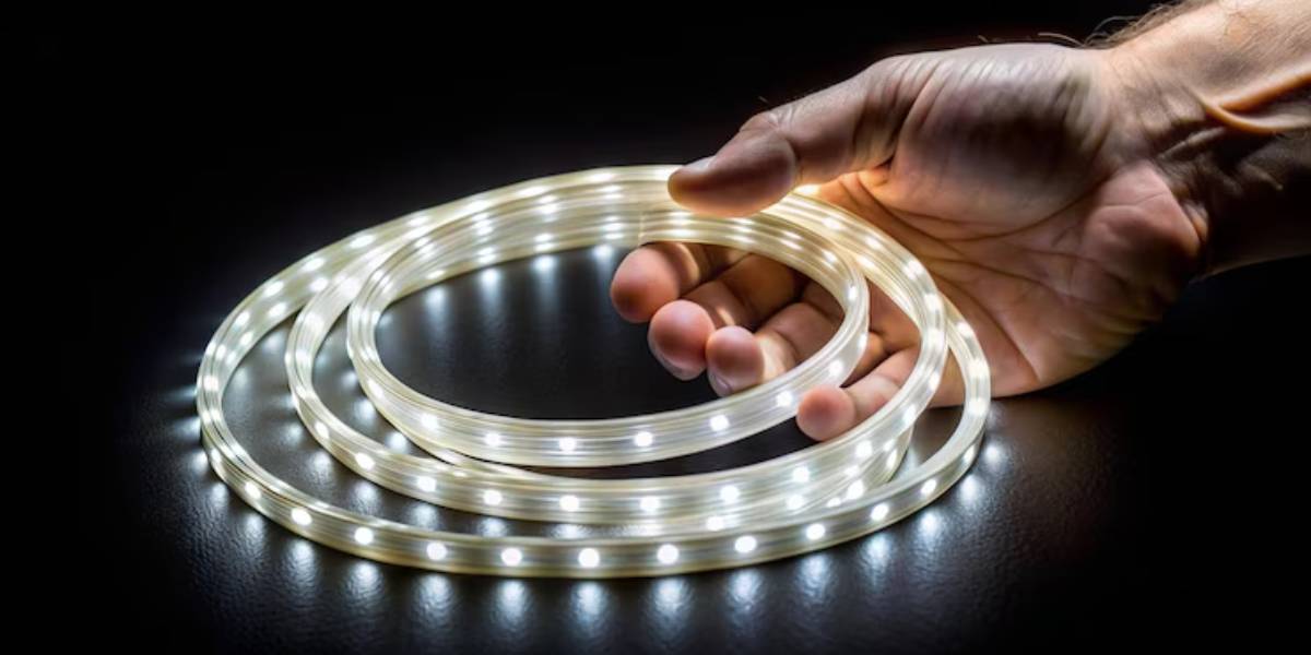 A hand holds a flexible LED strip light, illuminated with bright white lights, against a dark background.