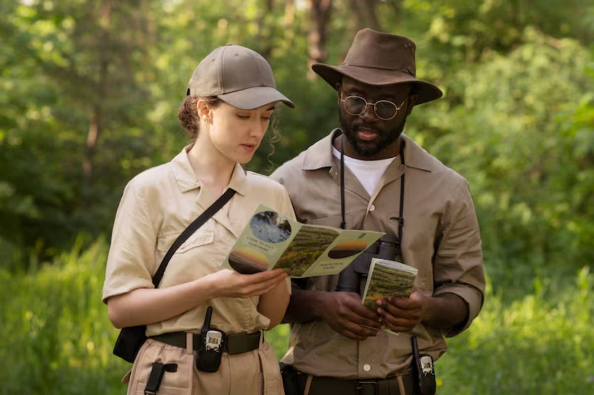Two park rangers in khaki uniforms examine maps in a lush green forest, surrounded by vibrant foliage and natural light.