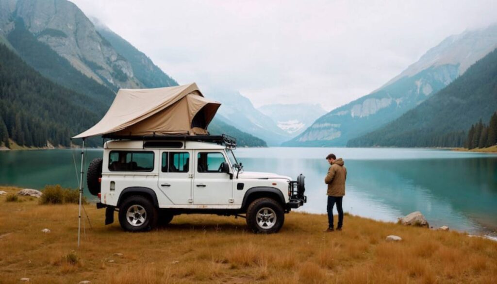A traveler stands beside a white off-road vehicle with a rooftop tent, overlooking a serene lake surrounded by mountains.