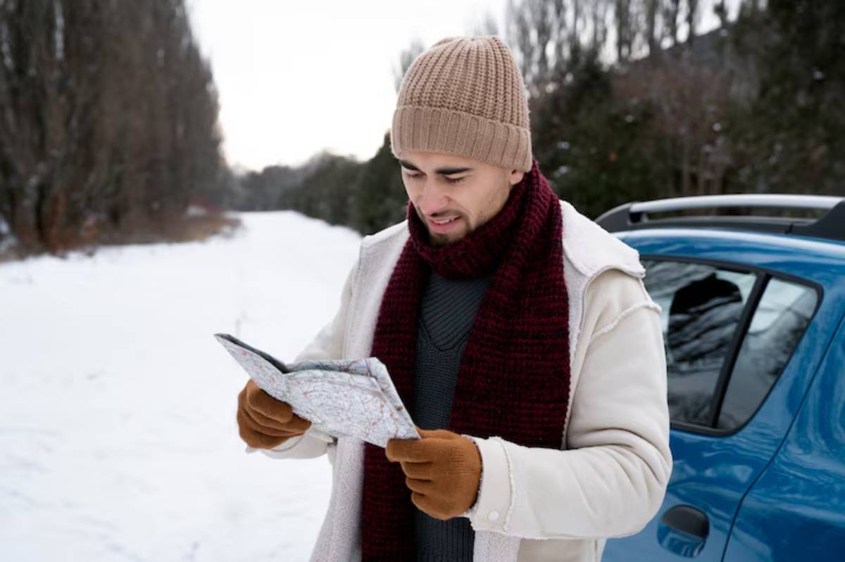 A person stands in a snowy landscape, wearing a knitted hat and a warm scarf, studying a map near a blue car.