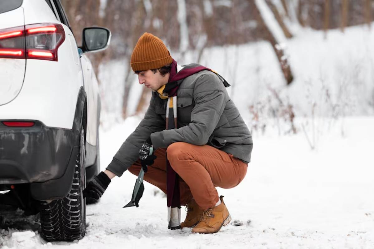 A person kneels beside a car in the snow, inspecting the tire while wearing a warm jacket, beanie, and boots.