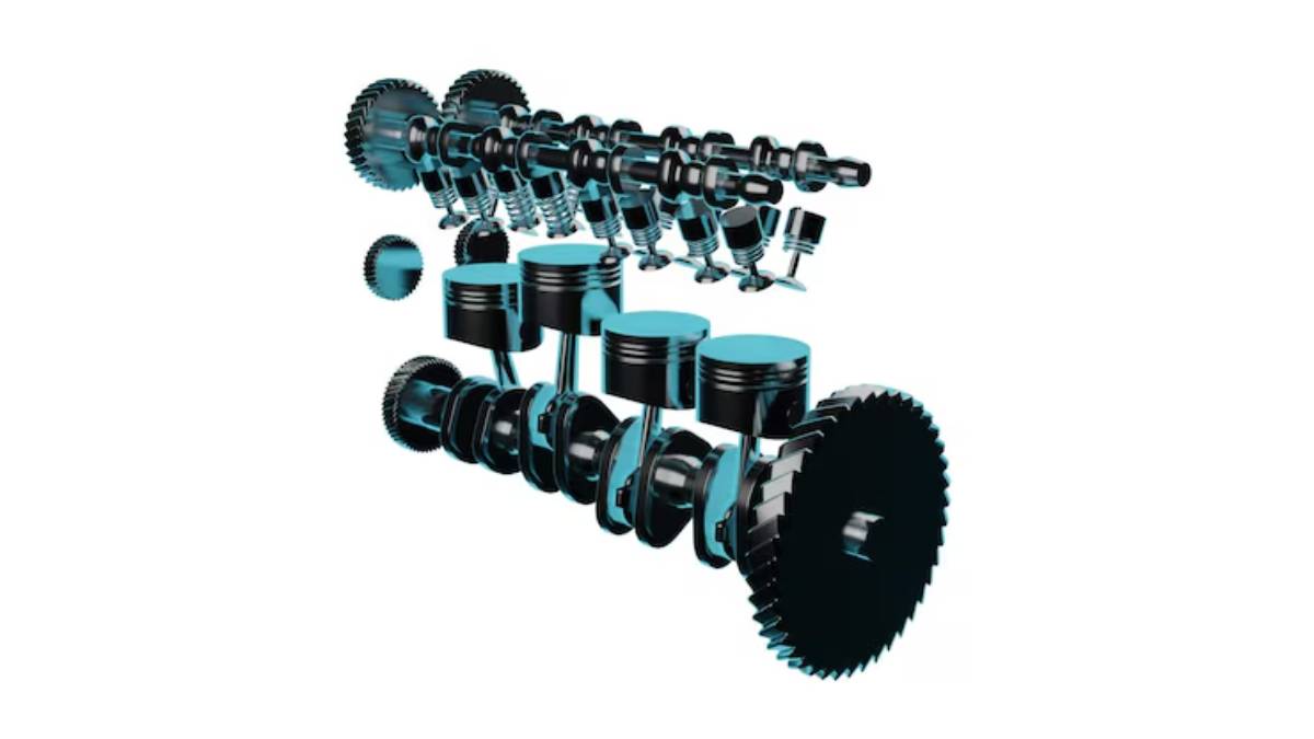 3D illustration of an engine assembly, showcasing pistons, gears, and valves in a detailed and exploded view.