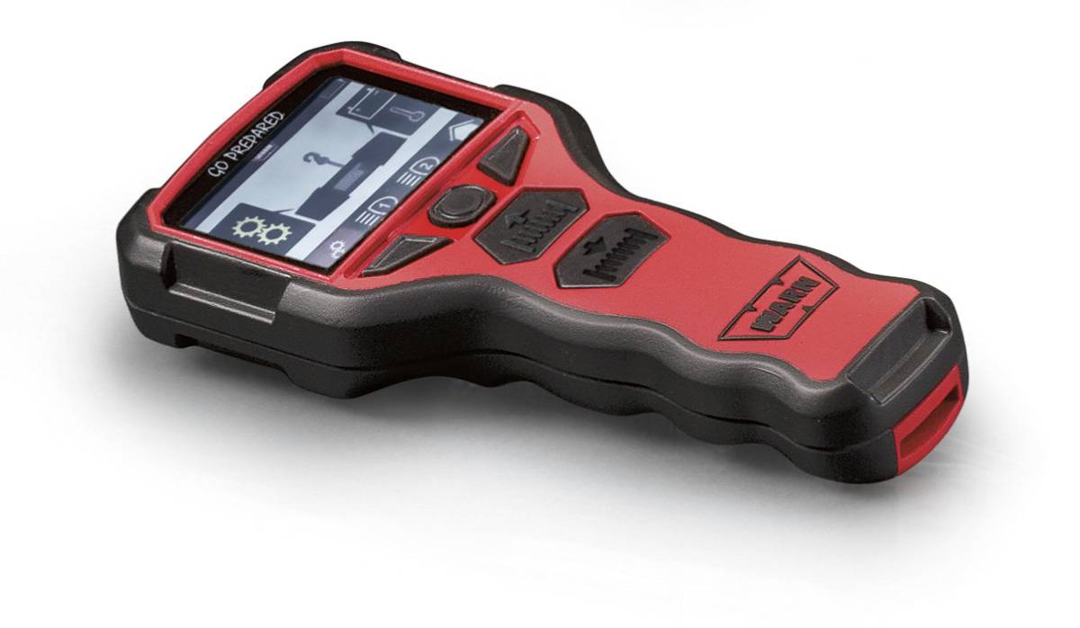 A handheld digital multimeter with a red and black ergonomic design, featuring a screen display and various control buttons.