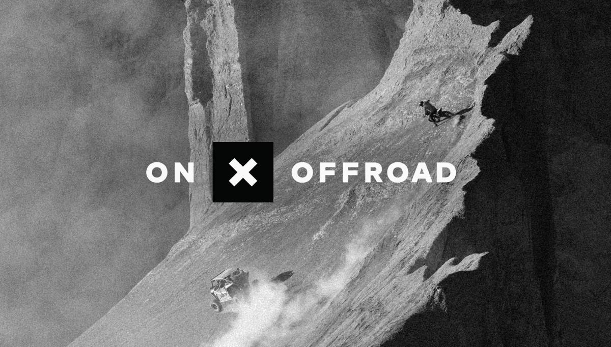 A dramatic black-and-white image showcasing a motocross rider and a vehicle descending a steep, rocky terrain with the text ON X OFFROAD prominently displayed.