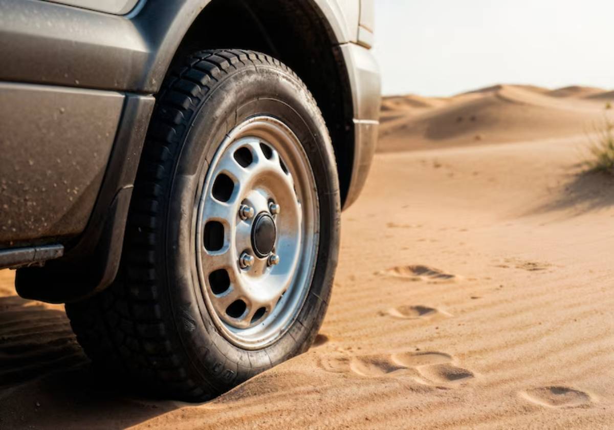 Close-up of a flat tire on a vehicle parked in sandy desert terrain, with footprints visible in the soft sand around it.
