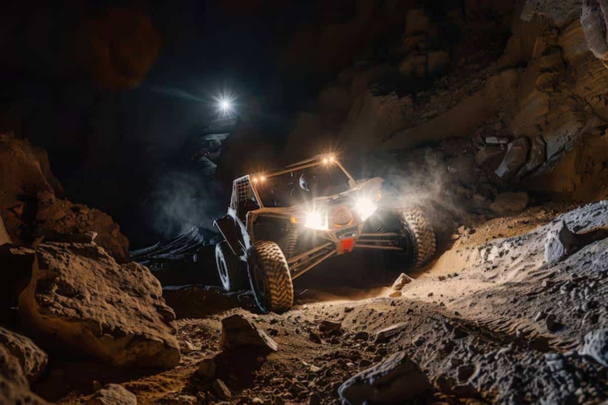 A rugged off-road vehicle navigates a rocky, dimly lit cave, illuminated by bright headlights and dust swirling around.