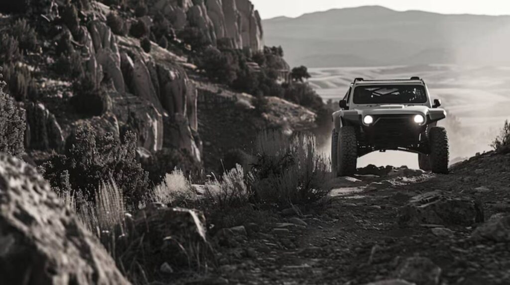 A rugged off-road vehicle navigates a rocky trail against a backdrop of cliffs and distant mountains in sepia tones.