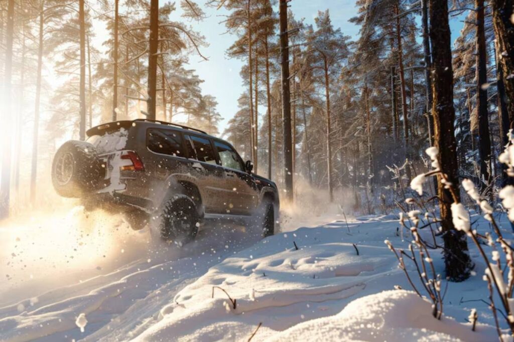 A rugged SUV navigating through a snow-covered forest, spraying snow and dirt, with sunlight filtering through tall trees.