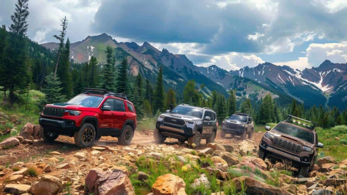 Four rugged SUVs navigate a rocky trail surrounded by lush pine forests and majestic mountains under a dramatic sky.