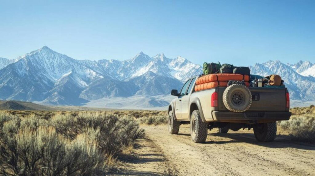 A rugged truck parked on a dusty road, loaded with camping gear, set against a backdrop of snow-capped mountains under a clear blue sky.