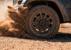 A close-up of an off-road vehicle's tire stirring up dust and dirt as it accelerates on a rugged terrain.