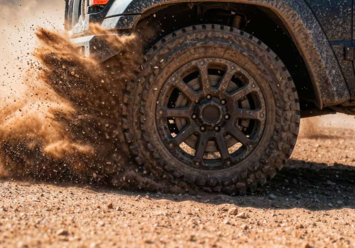 A close-up of an off-road vehicle's tire stirring up dust and dirt as it accelerates on a rugged terrain.