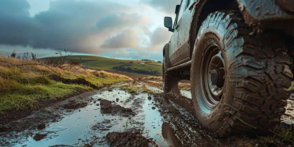 A muddy off-road vehicle navigates a track, surrounded by lush hills and dramatic cloudy skies. Puddles reflect the terrain.