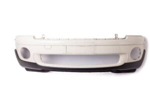 White car front bumper with a black lower edge, featuring cutouts for headlights and a central grille space, displayed on a white background.